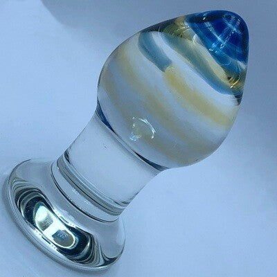 Quality Crystal Glass Butt Plug - Sunset Yellow and Blue Swirls