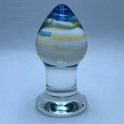Quality Crystal Glass Butt Plug - Sunset Yellow and Blue Swirls