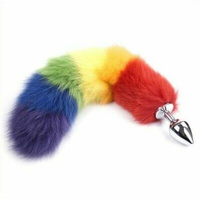 Metal Anal Butt Plug Rainbow Fox Tail