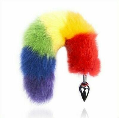 Metal Anal Butt Plug Rainbow Fox Tail