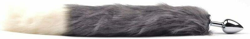 Metal Anal Butt Plug Furry Grey Cat Tail