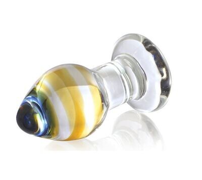 Quality Crystal Glass Butt Plug - Sunset Yellow and Blue Swirls