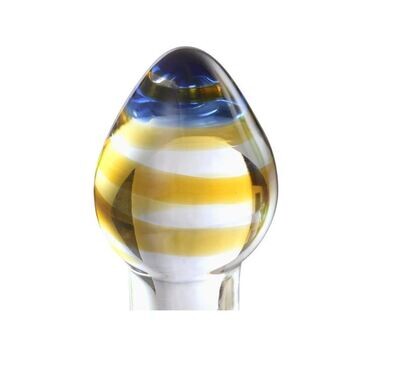 Quality Crystal Glass Butt Plug - Sunset Yellow and Blue Swirls