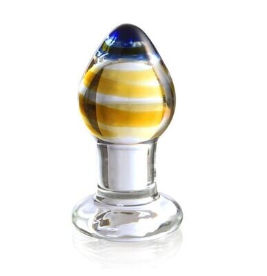 Quality Crystal Glass Butt Plug - Sunset Yellow and Blue Swirls