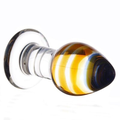 Quality Crystal Glass Butt Plug - Sunset Yellow and Blue Swirls