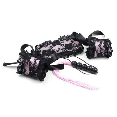 Boutique Room Fun - Lace Wrist Cuffs, Blindfold & Flogger
