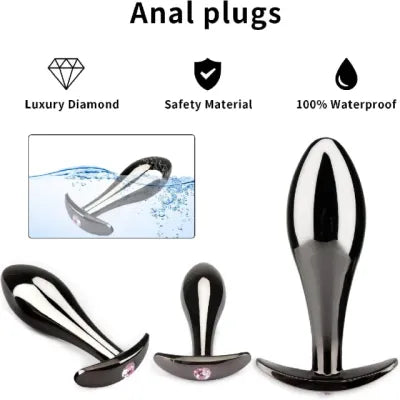 3pcs Iridescent Metal Anal Plug with Pink Gemstone Set